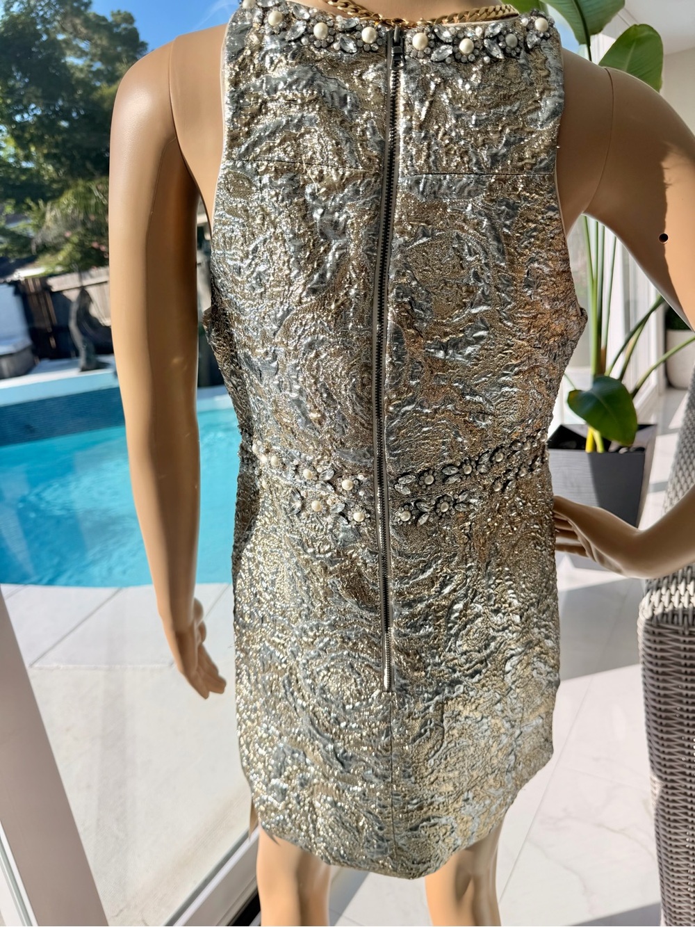 Alice + Olivia Silver Pearl-Trim Halter Mini Dress - Picture 3 of 5